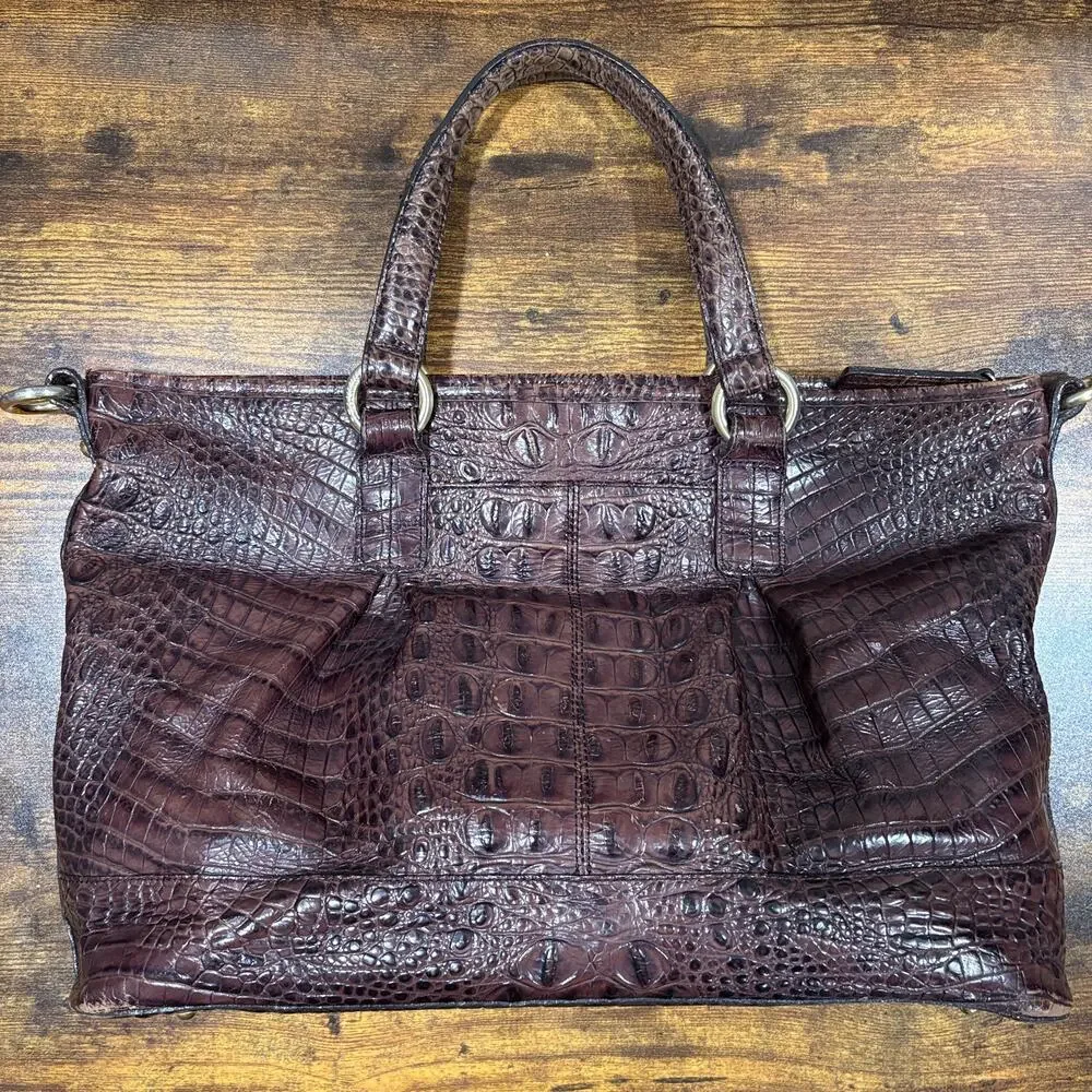 Brahmin Satchel Pecan Brown Croc Embossed Melbourne Leather Shoulder Bag READ